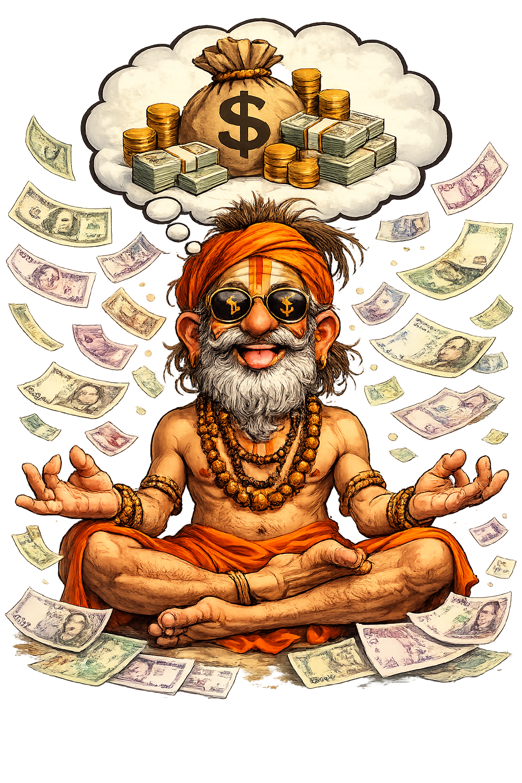 Meditating baba contemplating your finances